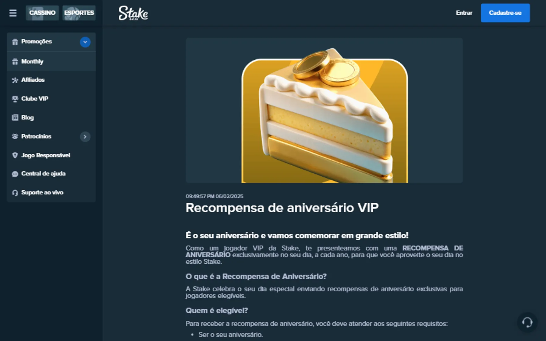 bônus de aniversário stake