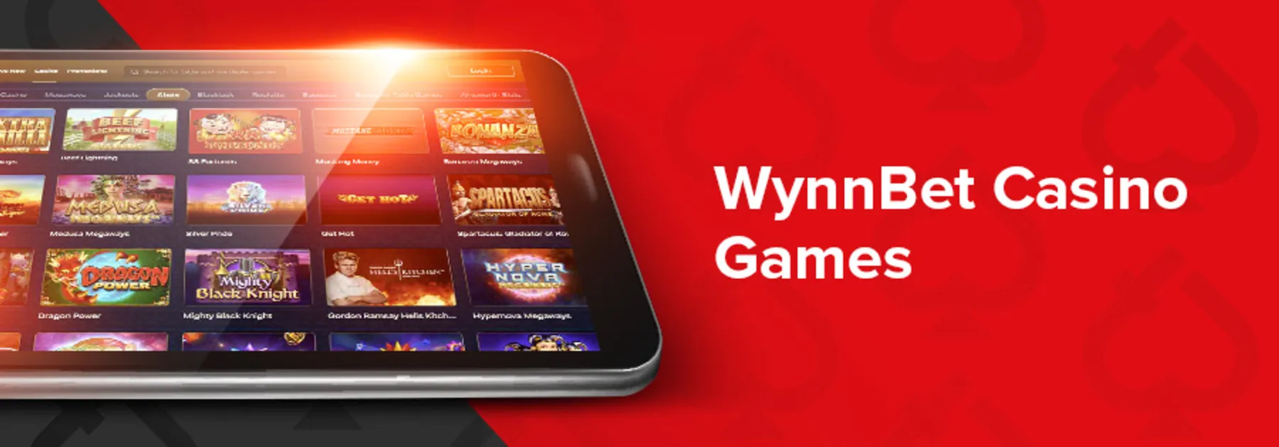 Tablet displaying slot games next to the text Wynnbet Casino Games