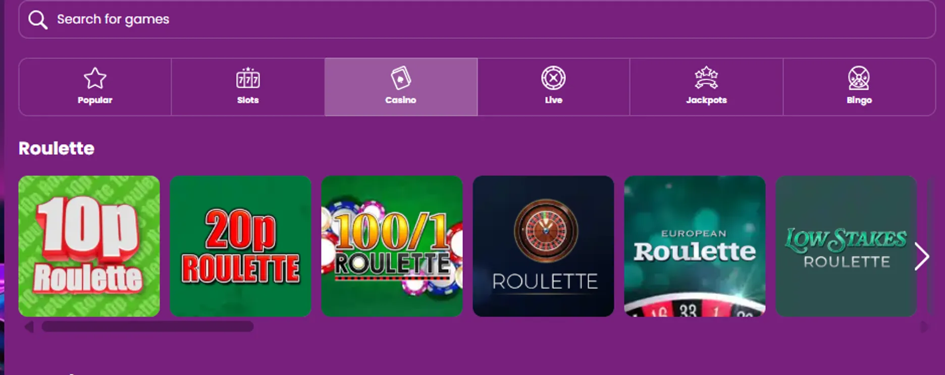 Roulette, poker, and other table games