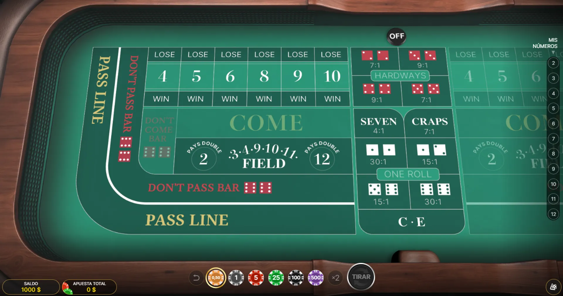 Así luce el juego Craps First Person de Evolution