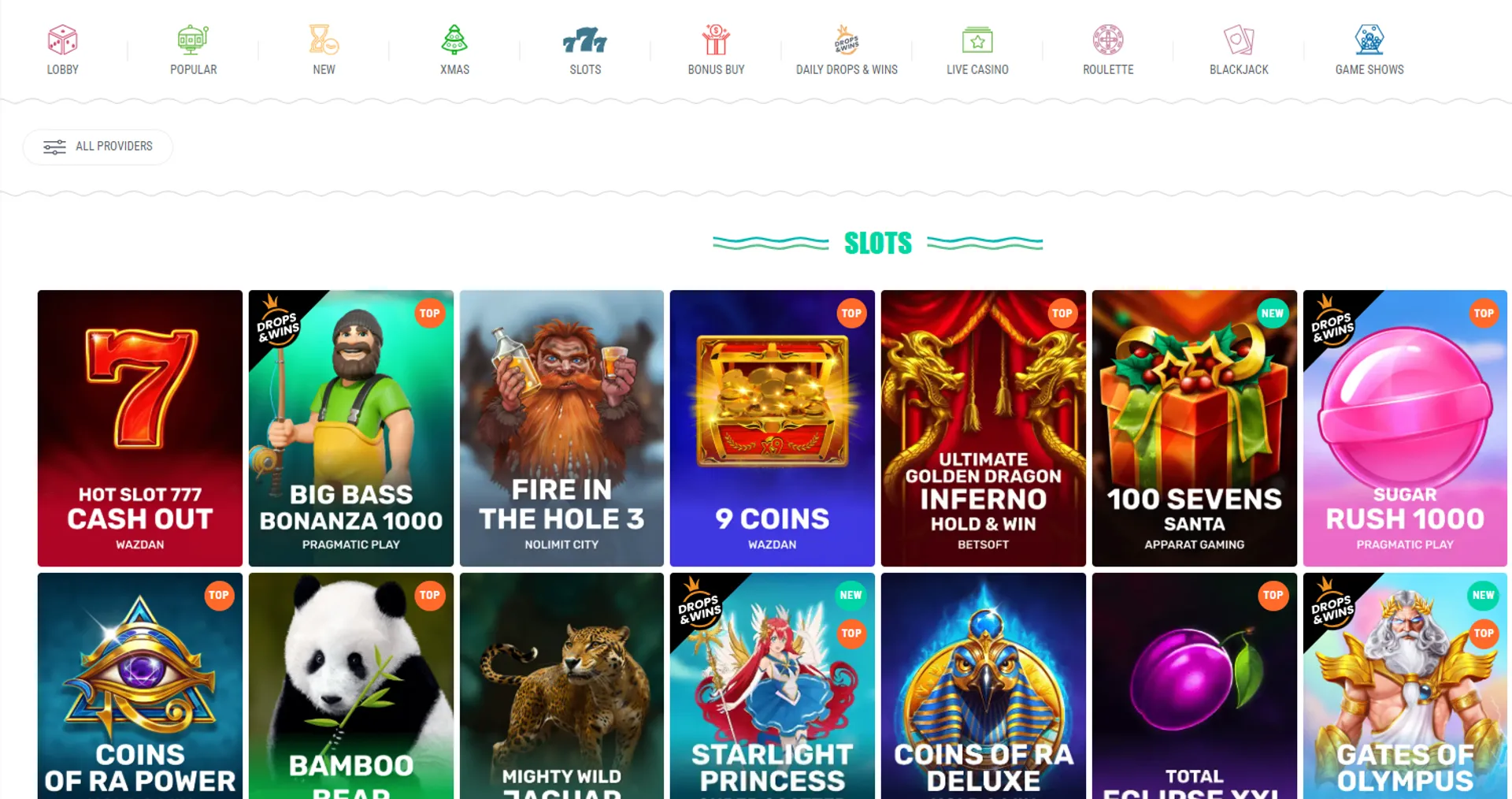 Slots lobby at Spinia