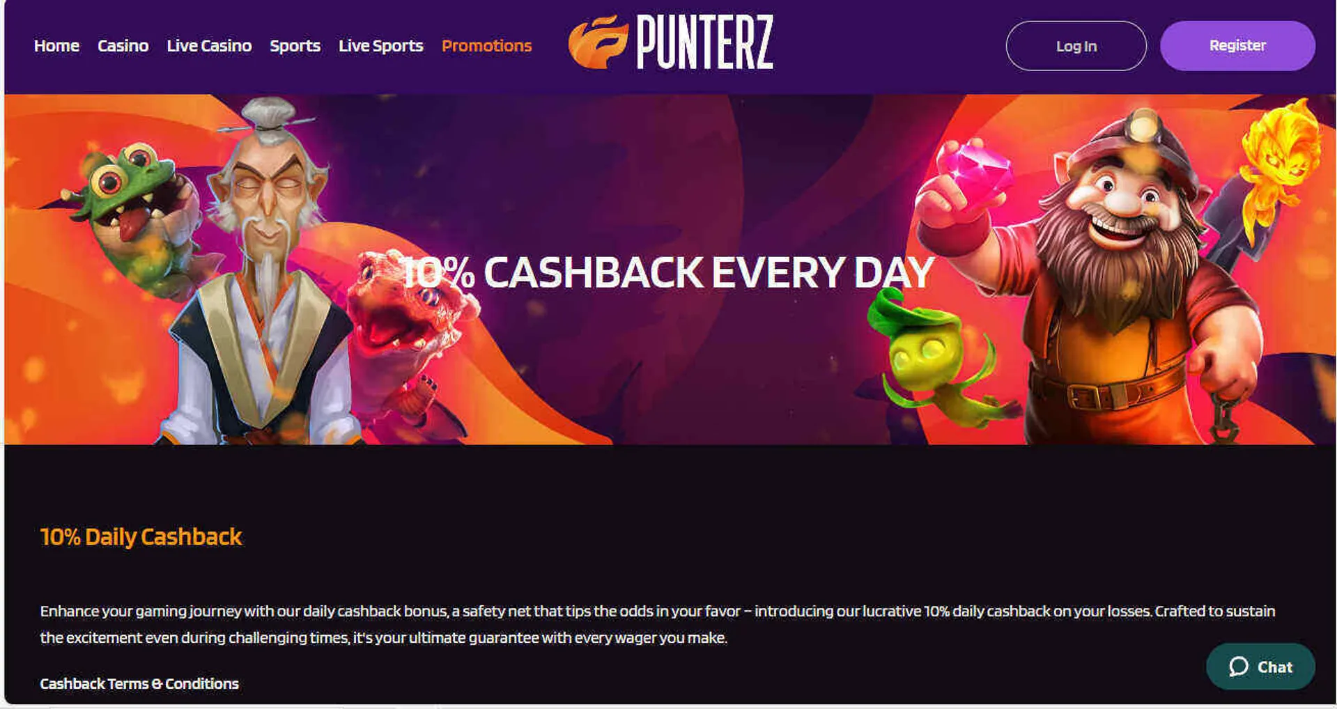 Punterz Casino 10% daily cashback