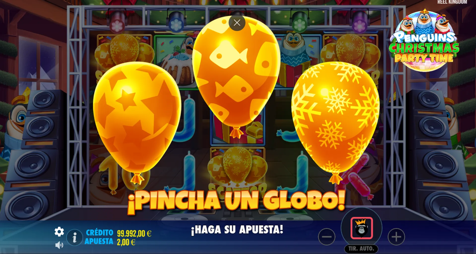 Los giros gratis en Penguin Christmas Party Time permiten escoger entre tres modificadores