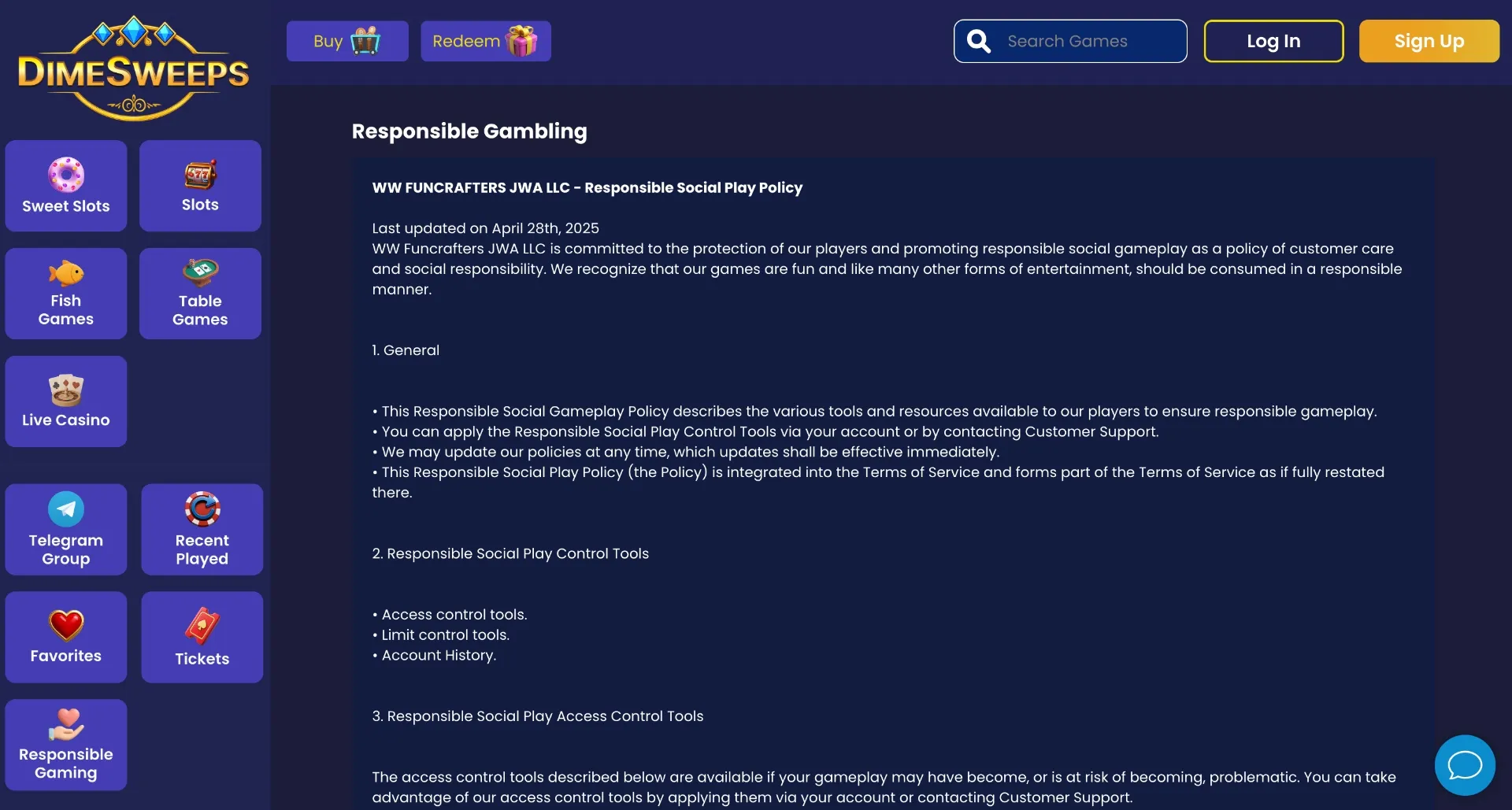Responsible gambling tools at DimeSweeps