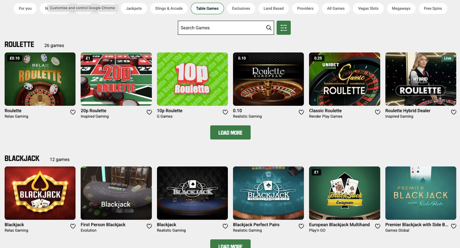 Unibet Casino table games