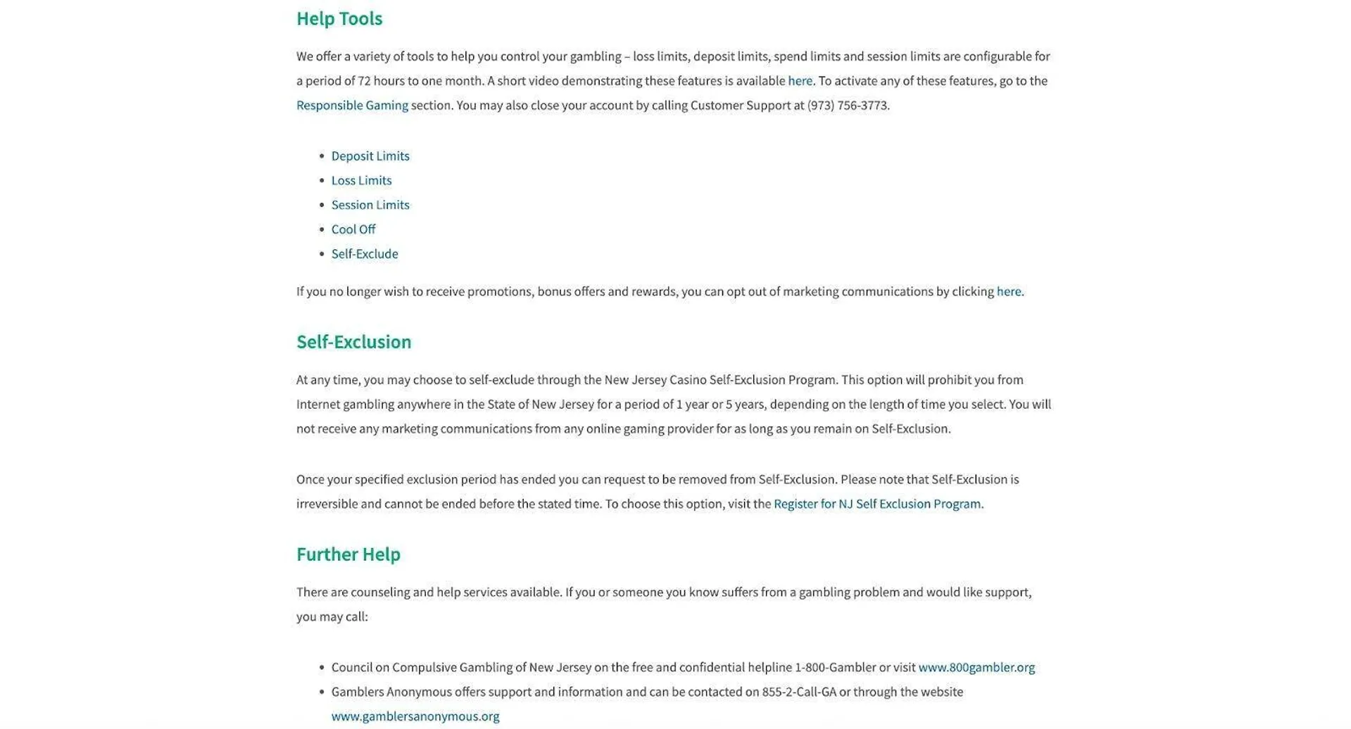 Help tools at PlayStar casino