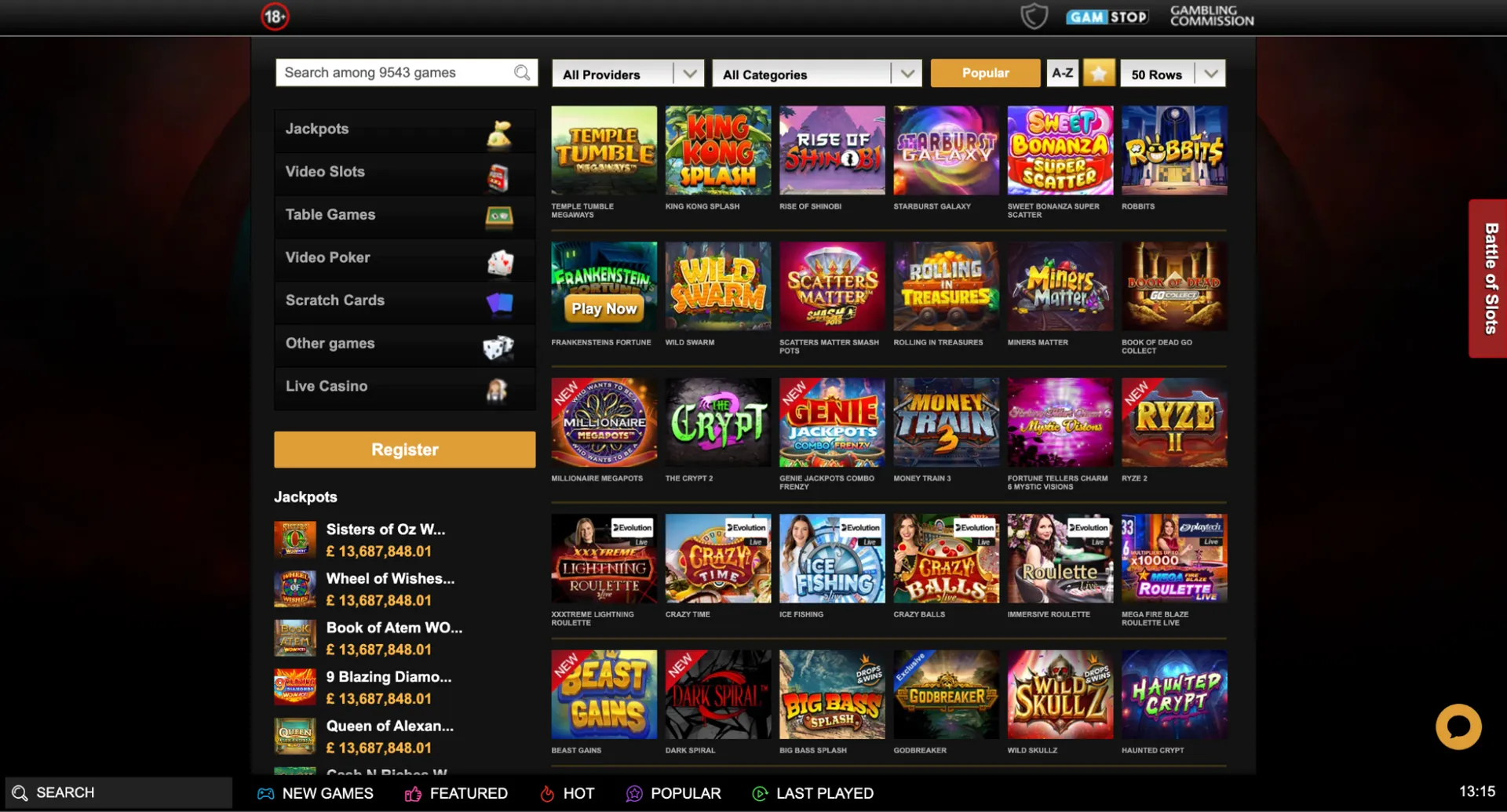 Online slot selection at Videoslots casino