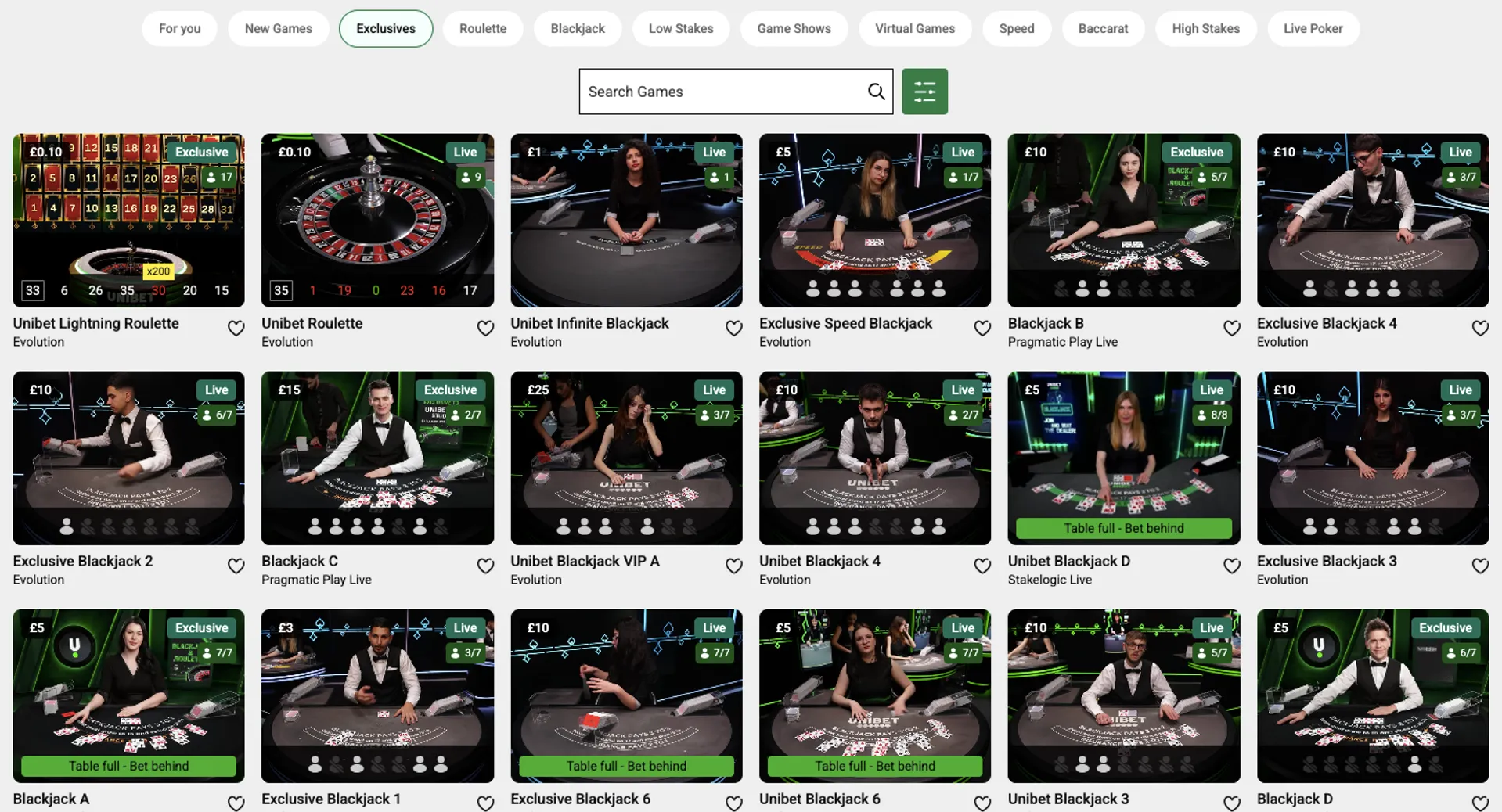 Unibet Casino live casino games