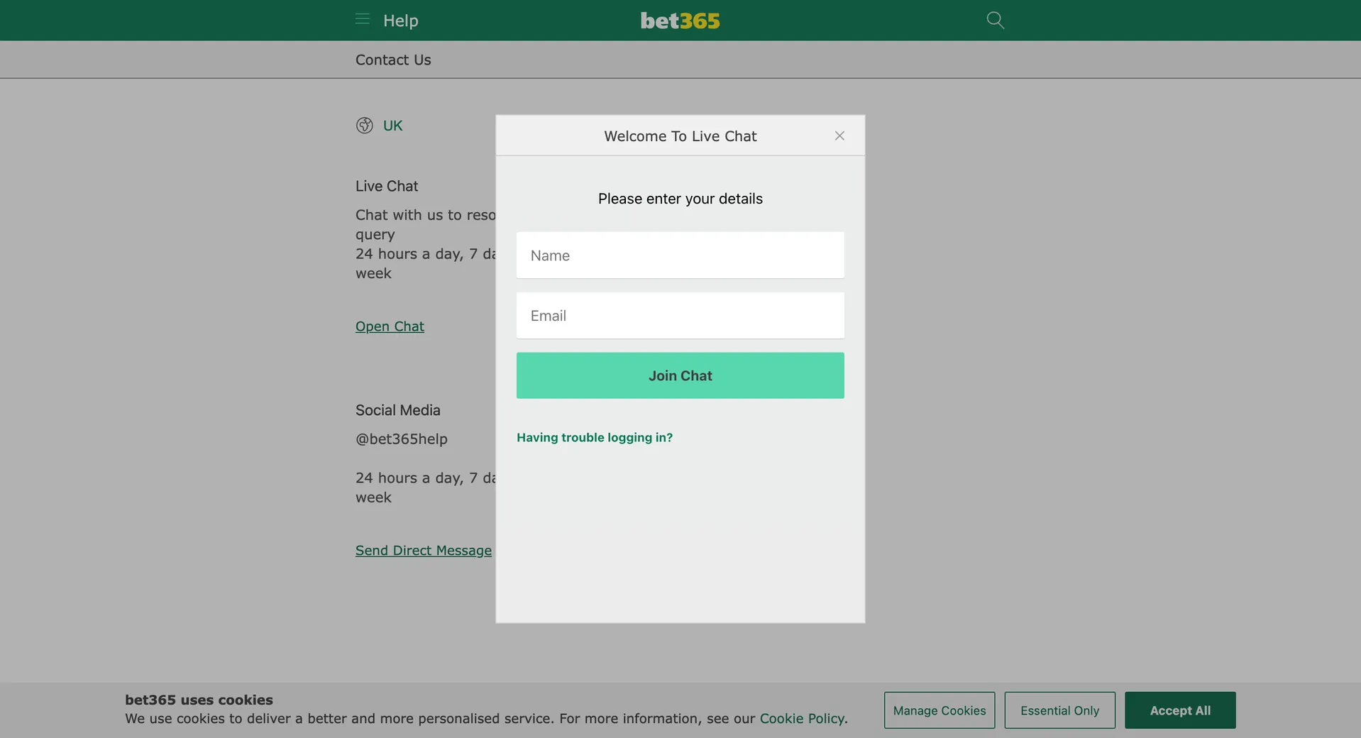 bet365 live chat