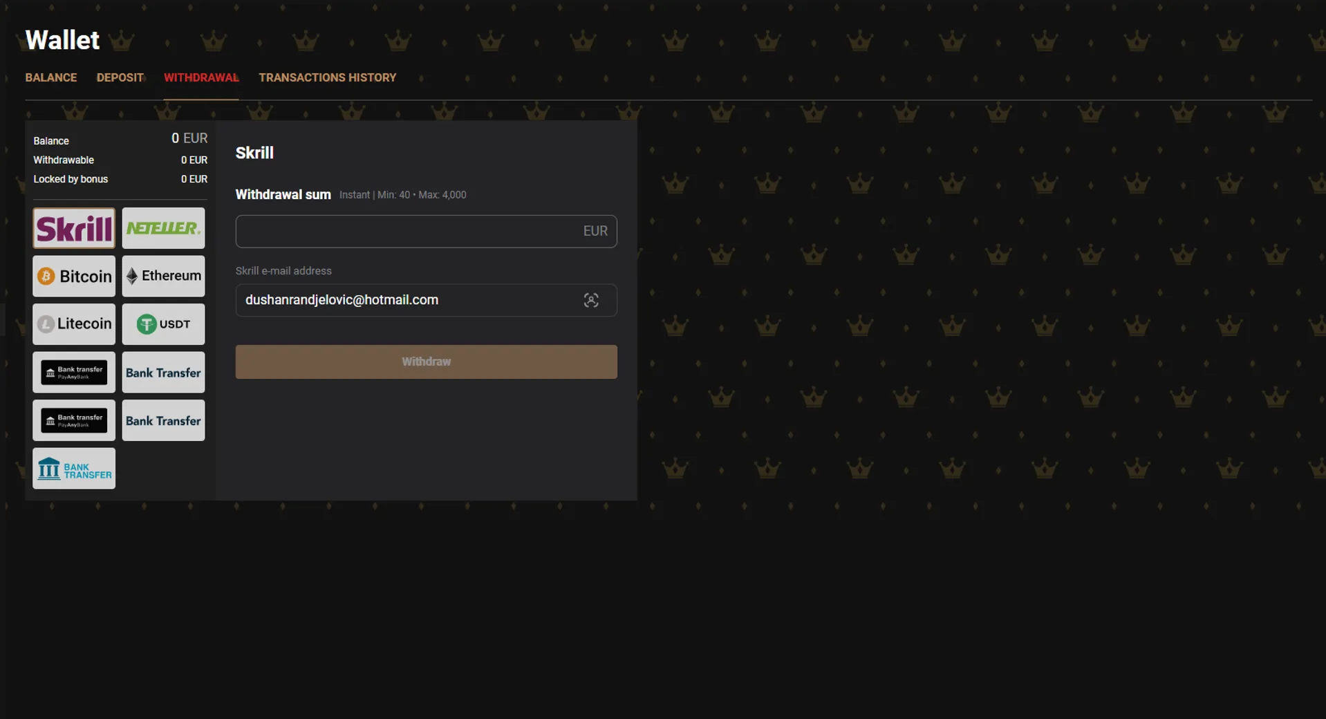 Deposit and withdrawal methods