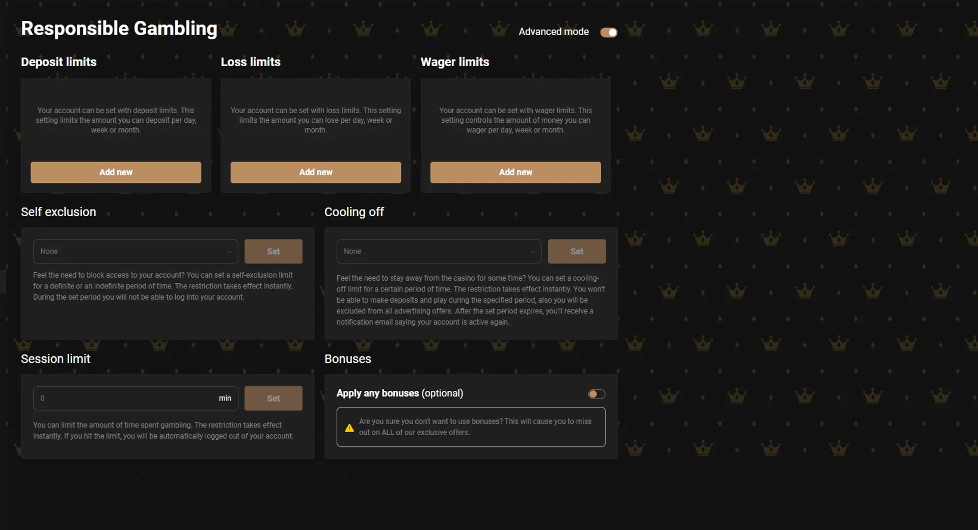 Responsible gambling tools at King Billy casino