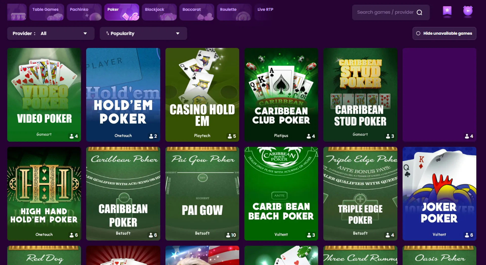 Roulette, poker, and other table games