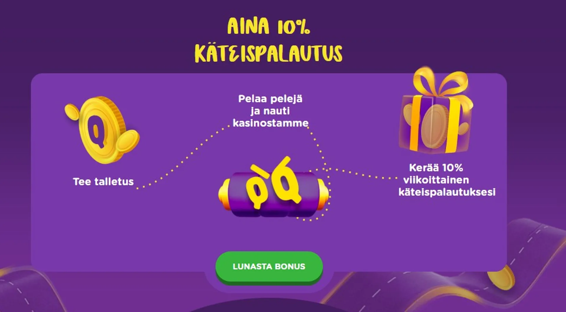 Violetti tausta lentävä kolikko ja lahjapaketti kultaisella narulla