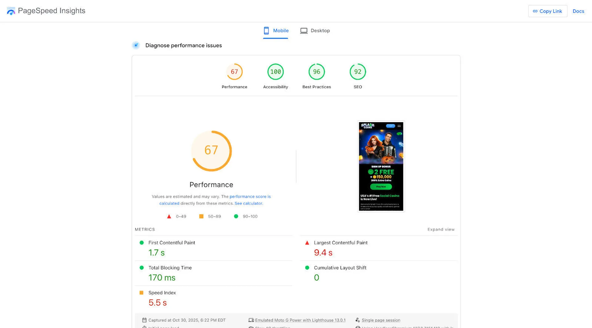 Splash Coins user experience and site performance