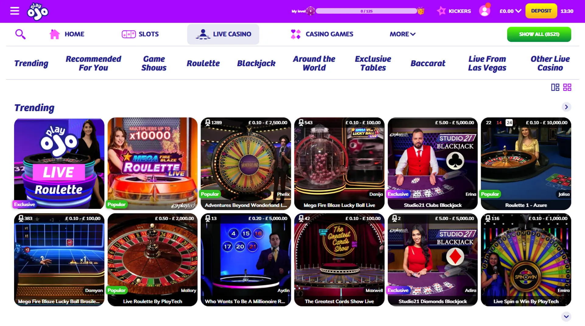 PlayOJO live casino