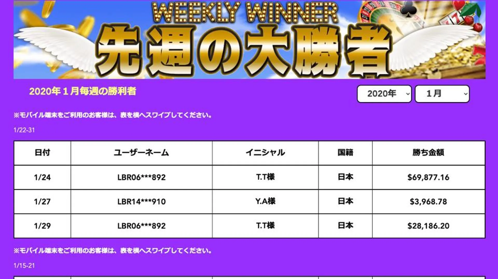 毎週の勝利者【Weekly Winner】