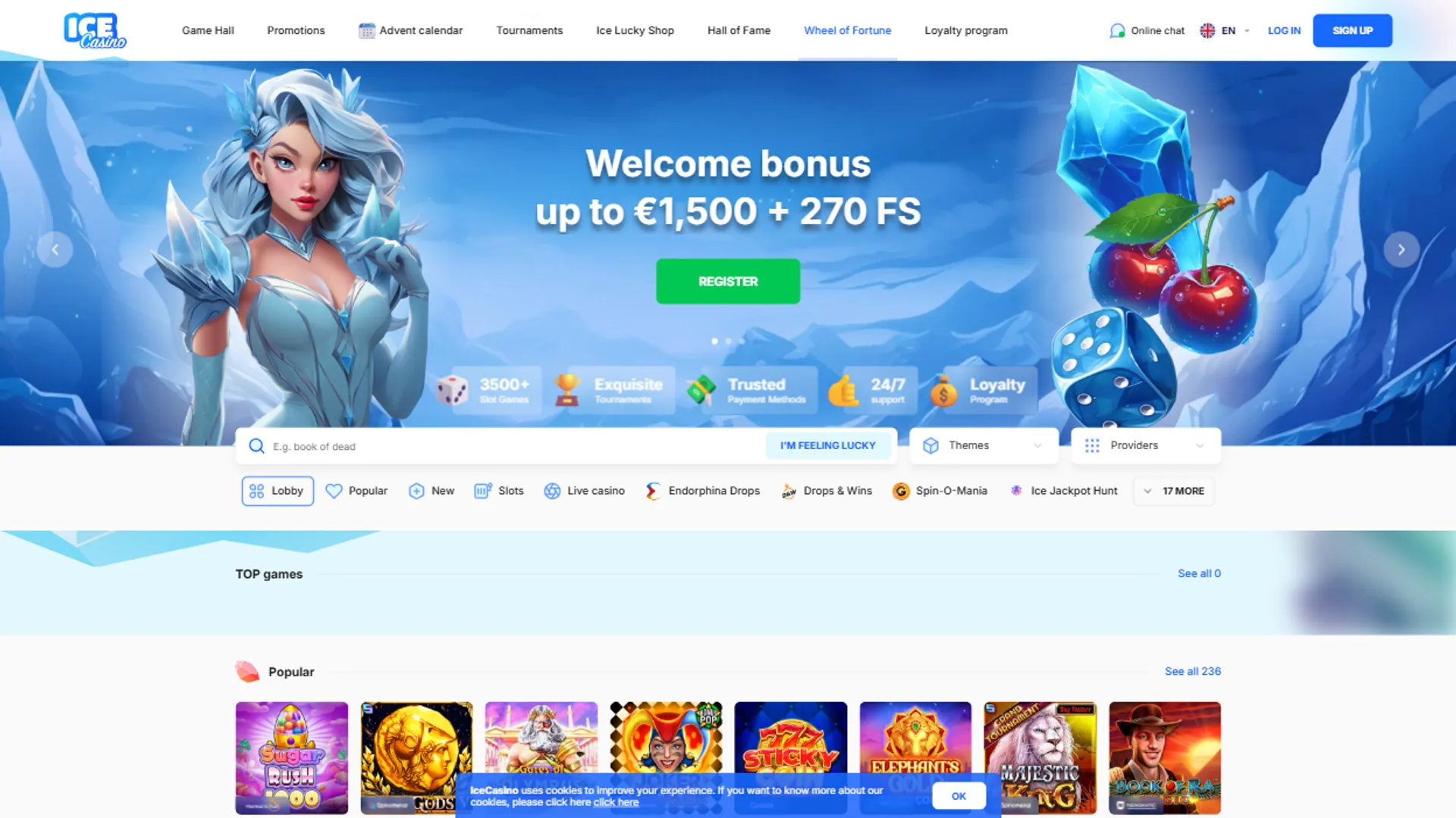 Ice casino illustration of the homepage with welcome bonus and top games