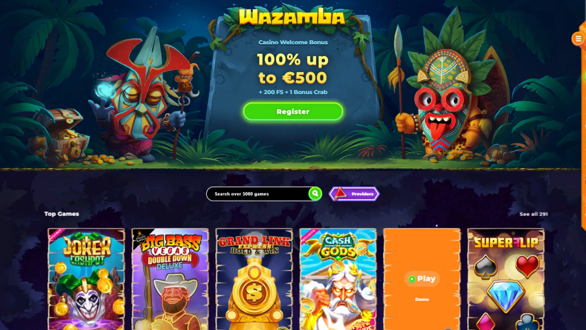 Wazamba casino illustration of the homepage with welcome bonus and top games