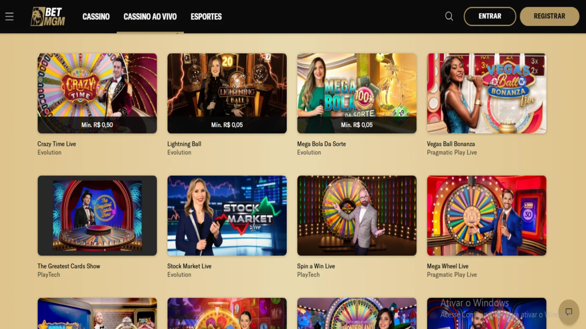 tela de game shows da betmgm