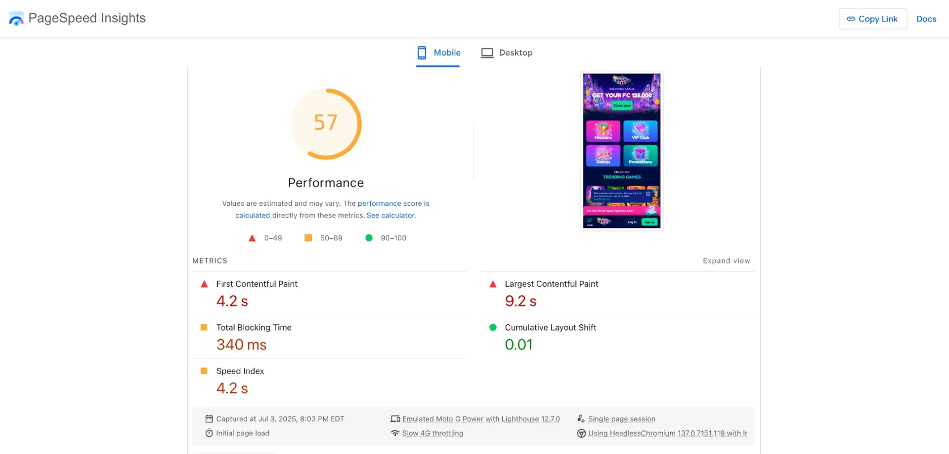 Funzcity Mobile Page Speed