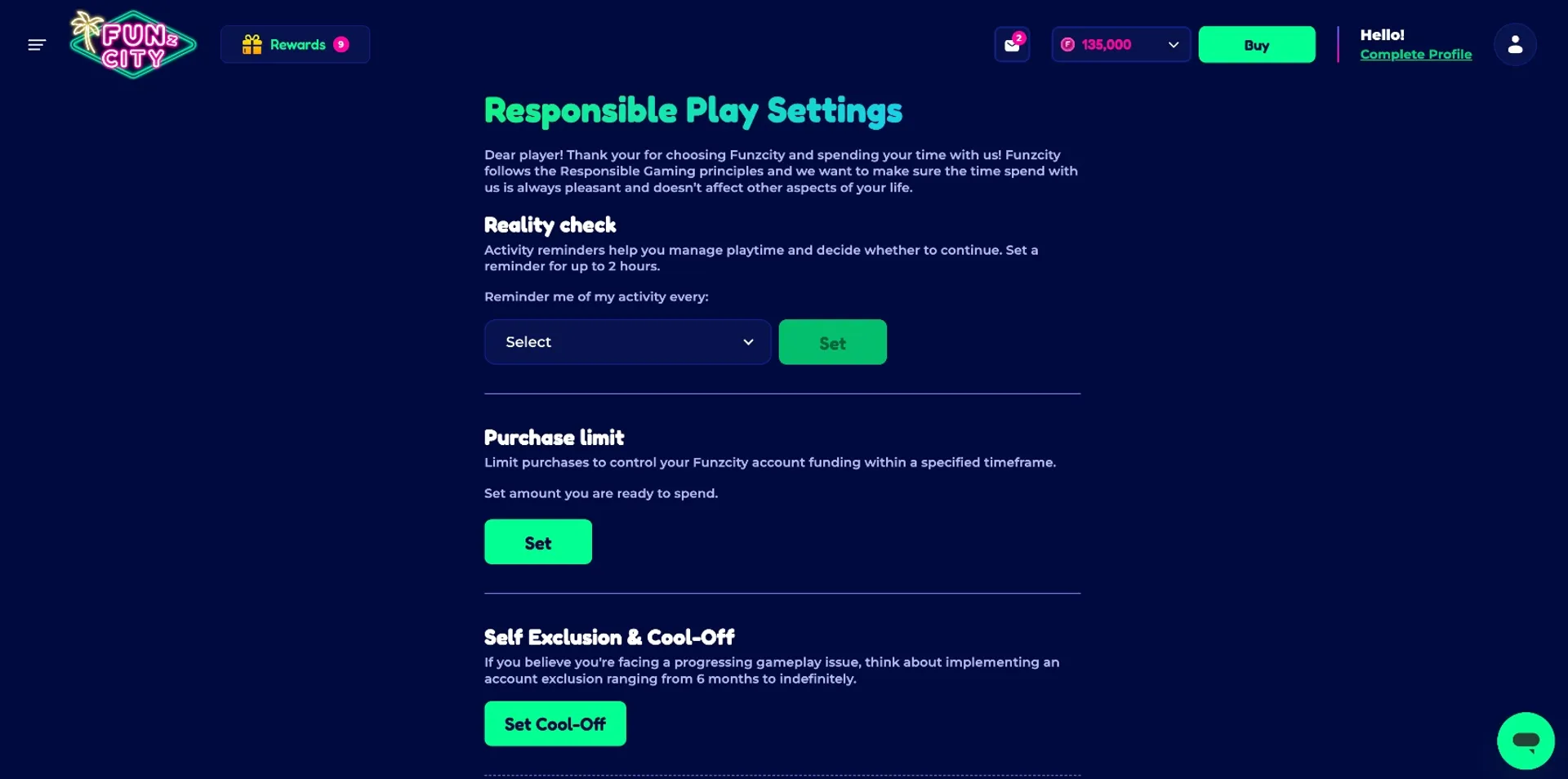 Responsible Play Settings