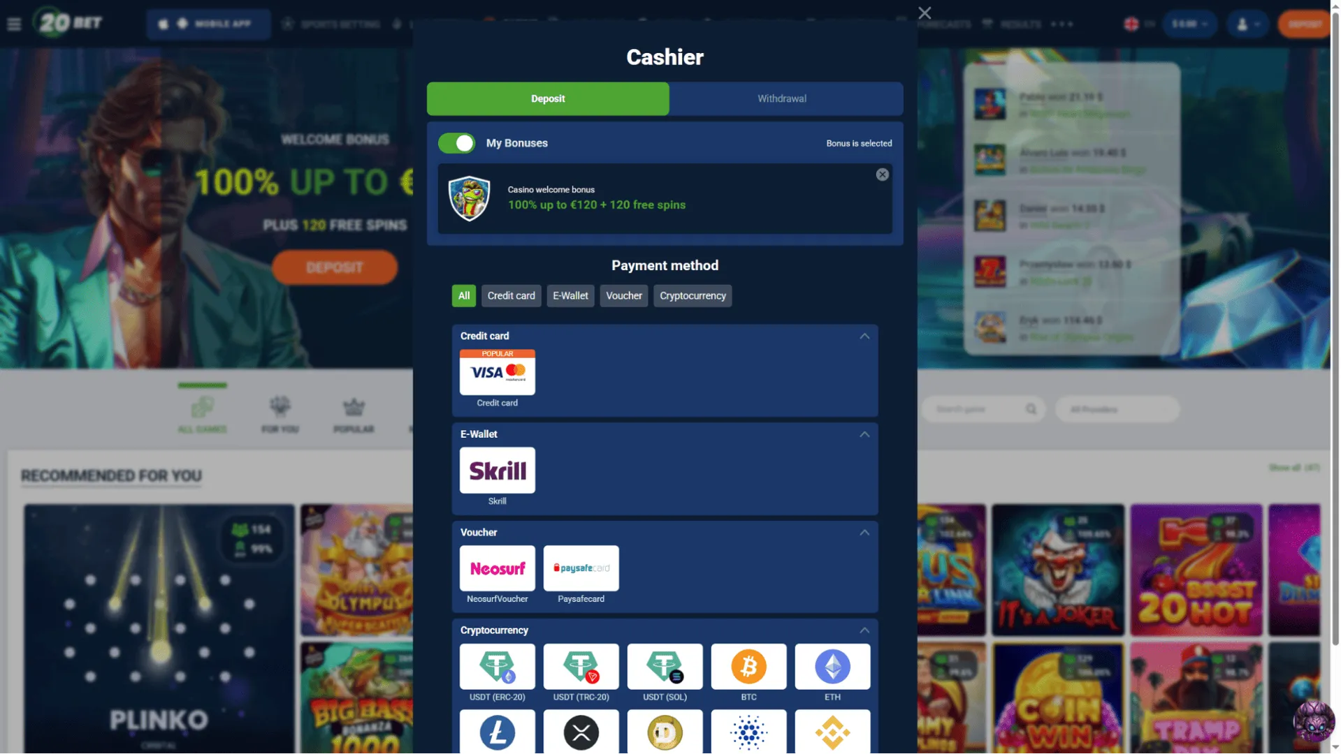 20bet casino cashier