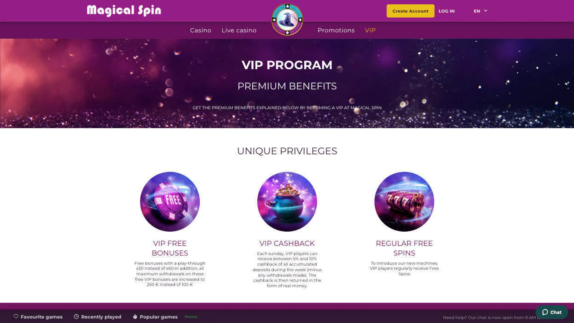 VIP member bonus at Magical Spin casino