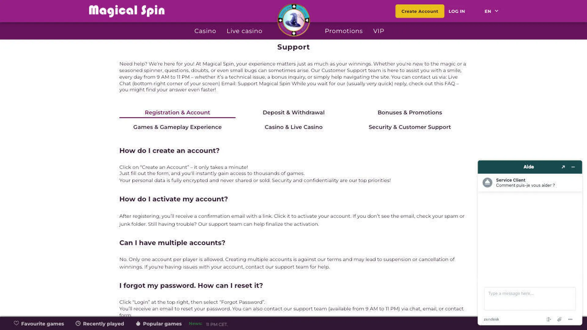 Customer support at Magical Spin casino
