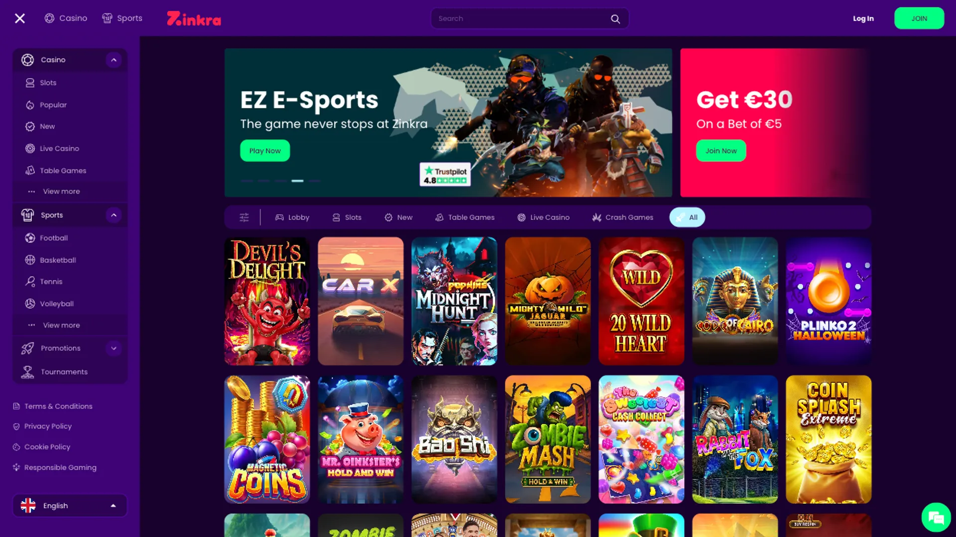 Games at Zinkra Casino