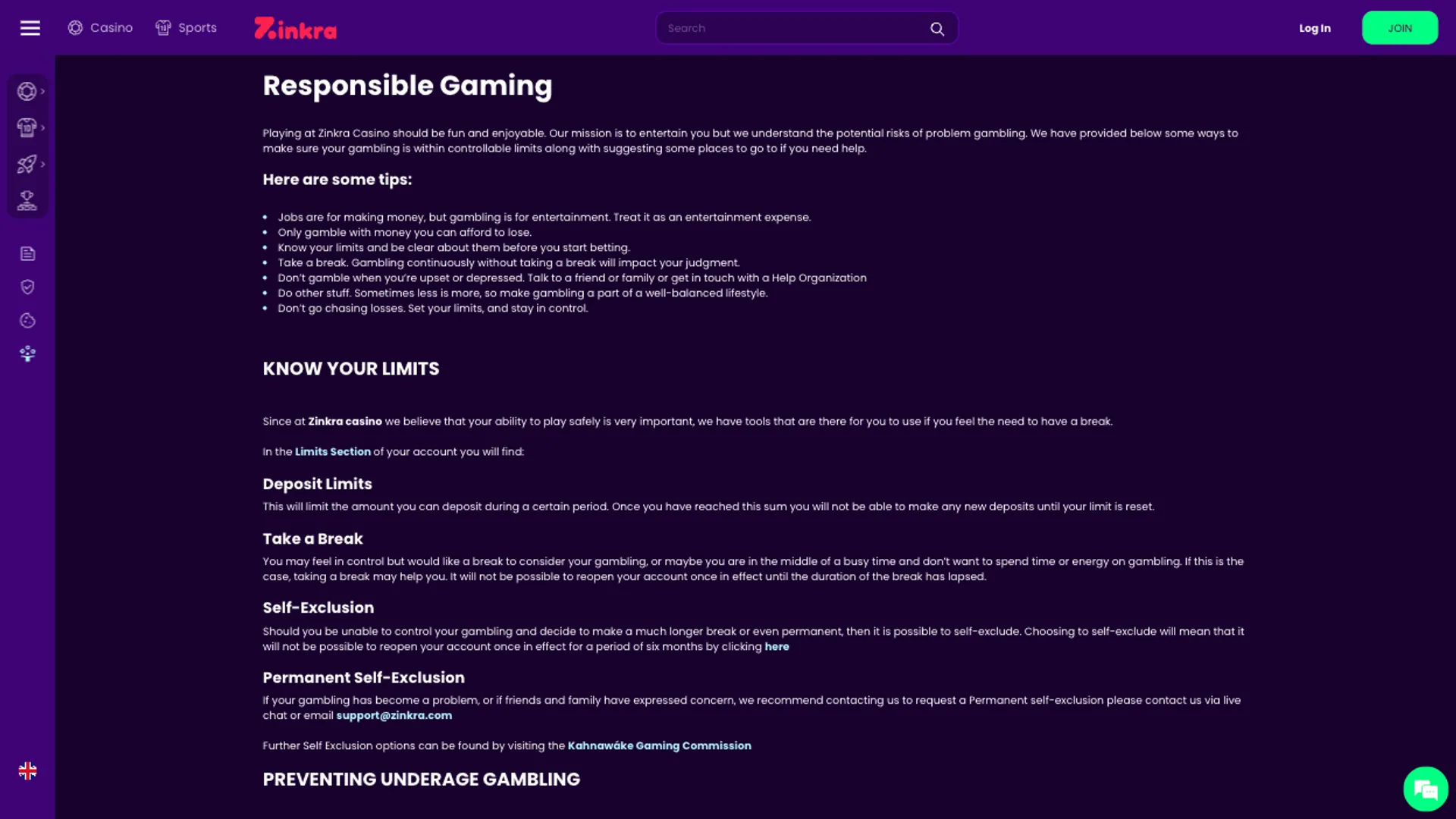 Zinkra Casino Responsible Gaming