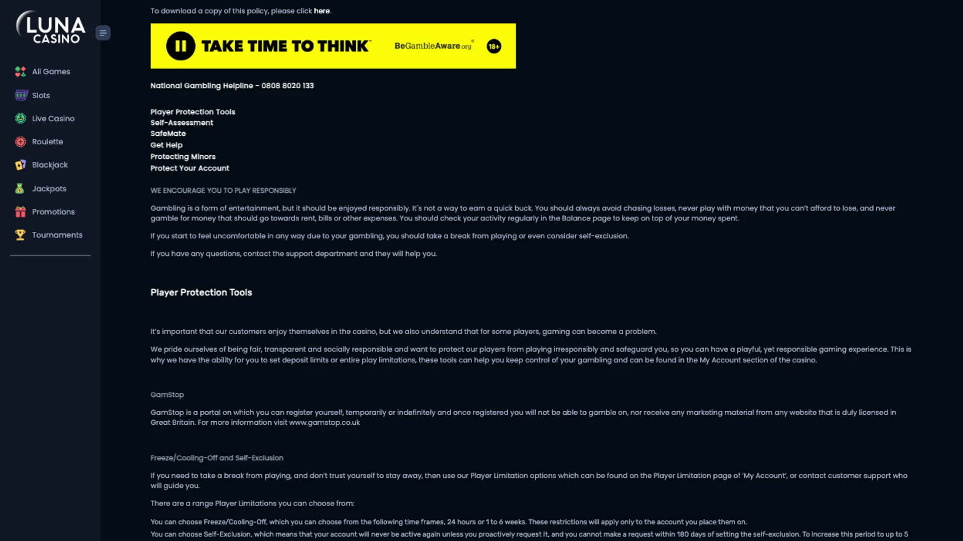 Responsible gambling tools at Luna Casino