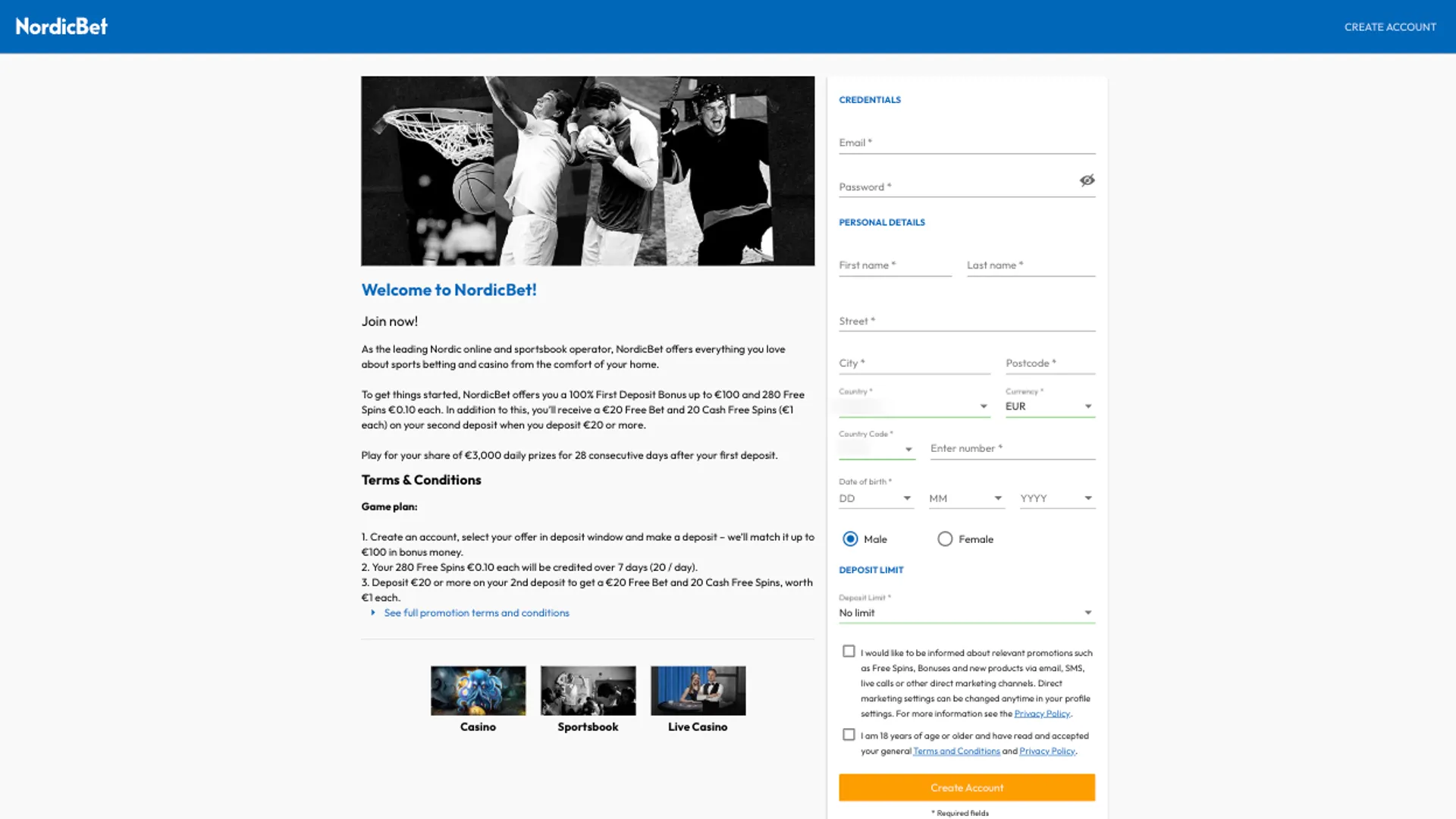 NordicBet create an account - personal information