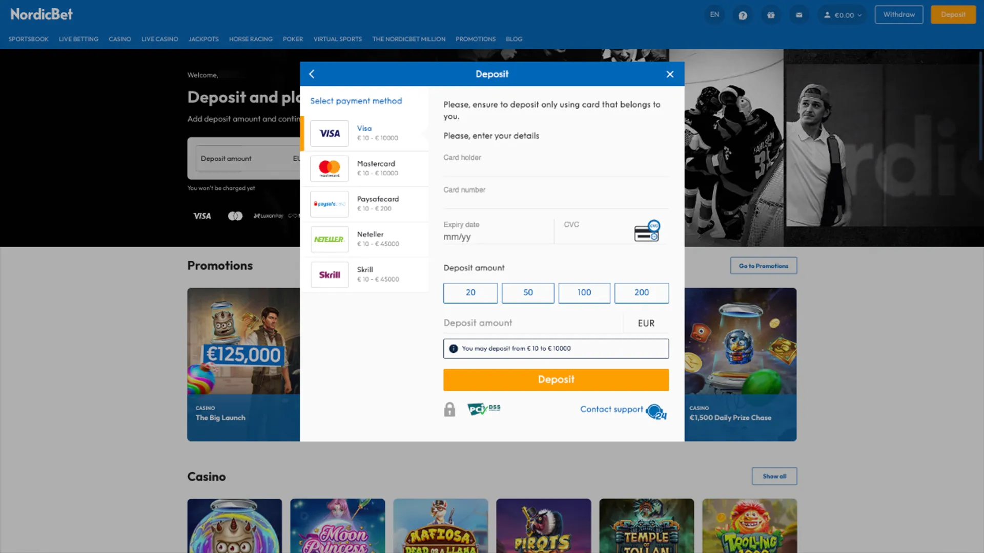 Sign up at NordicBet Casino and select a payment method