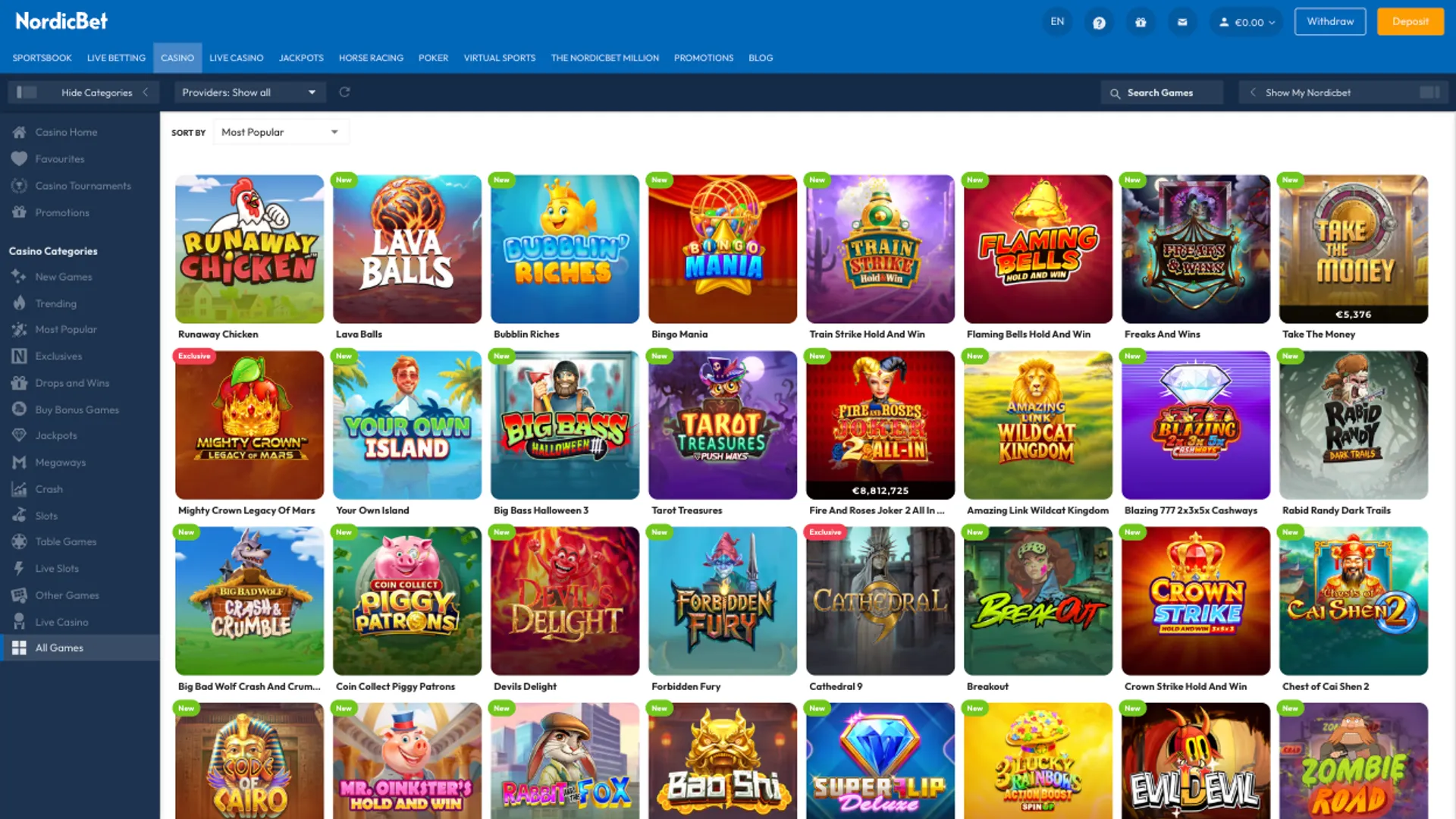 Game lobby at NordicBet Casino