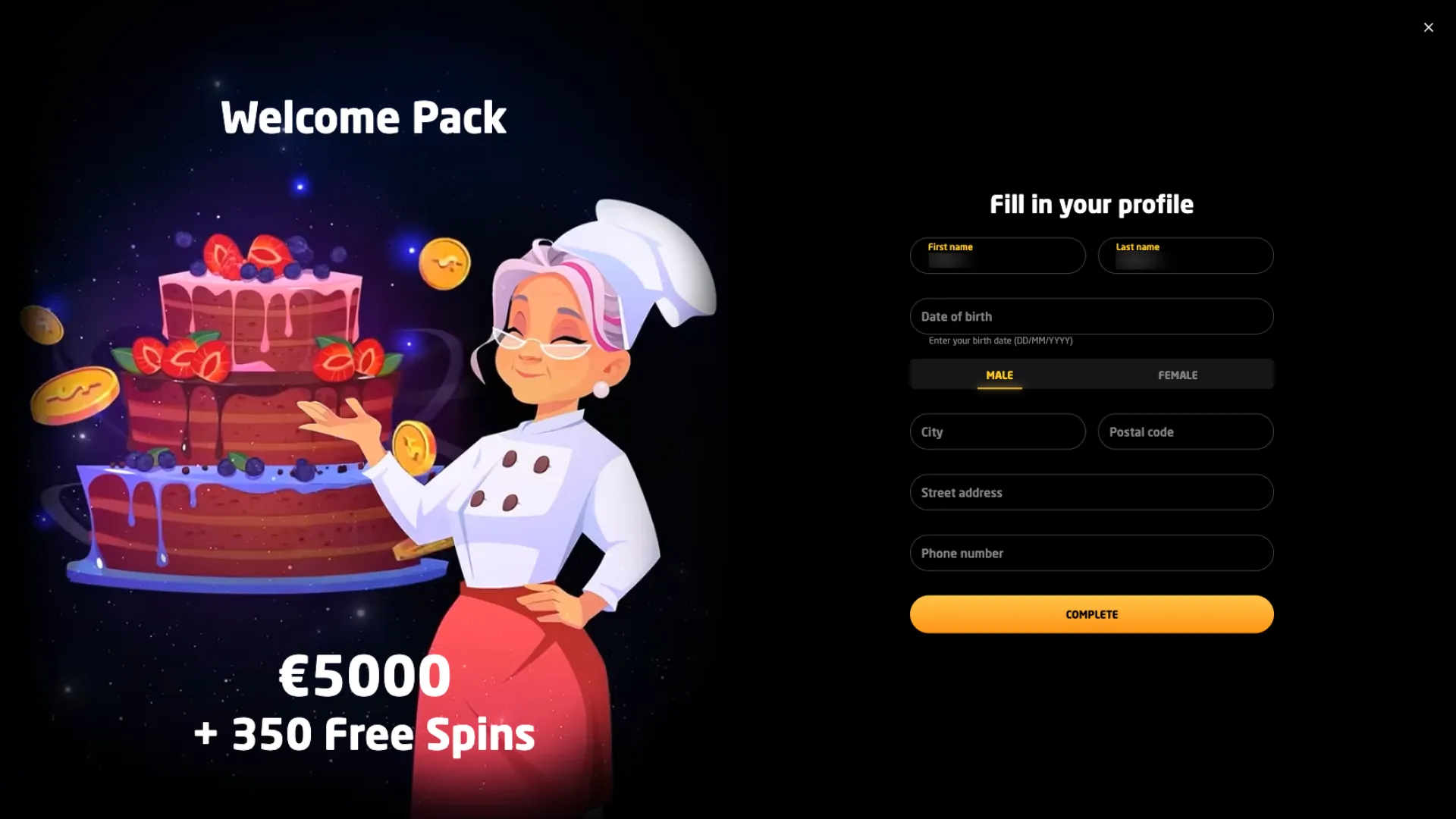 Personal information to fill in at StayCasino