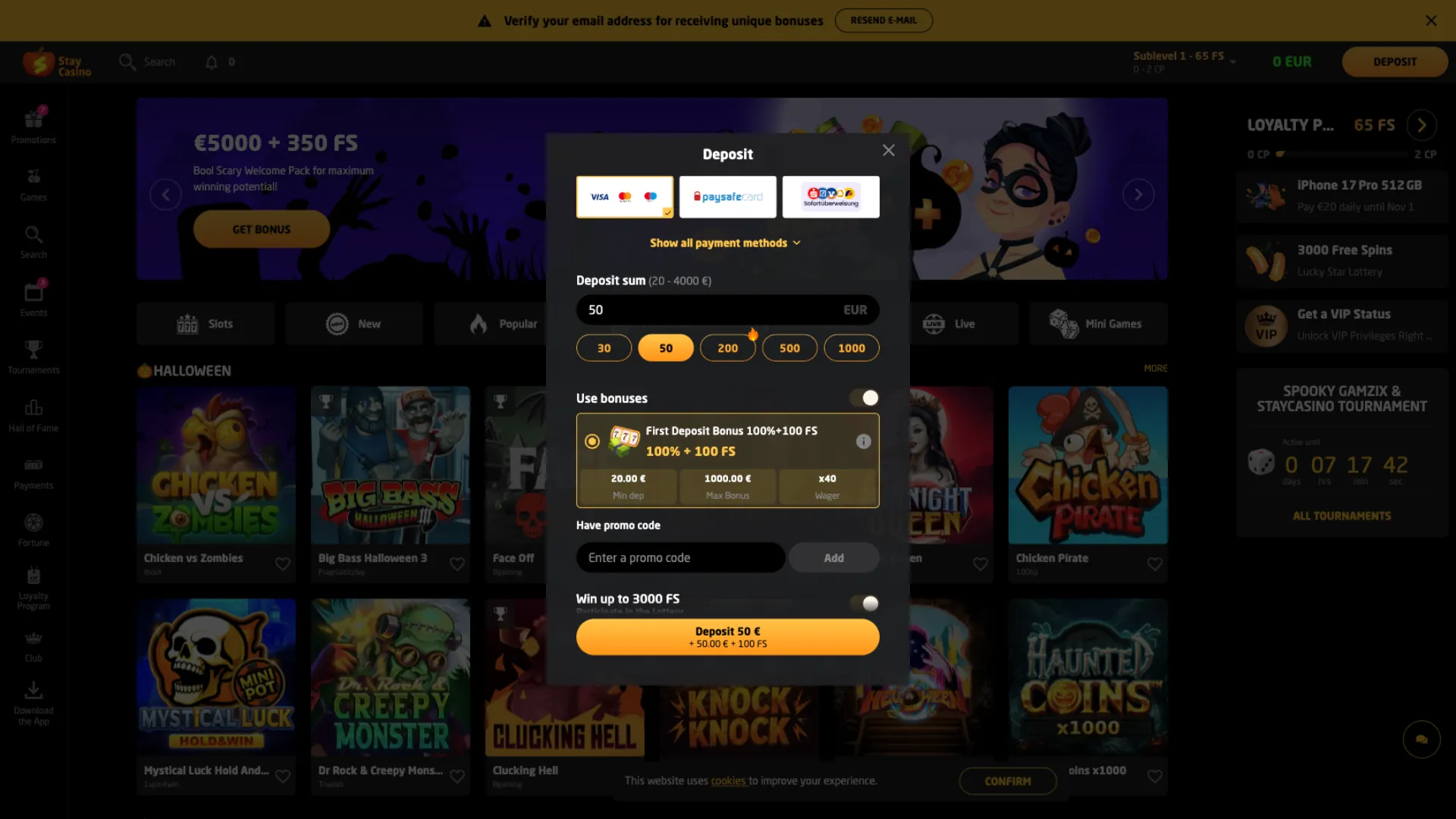 Choose the payment option when signing up at StayCasino
