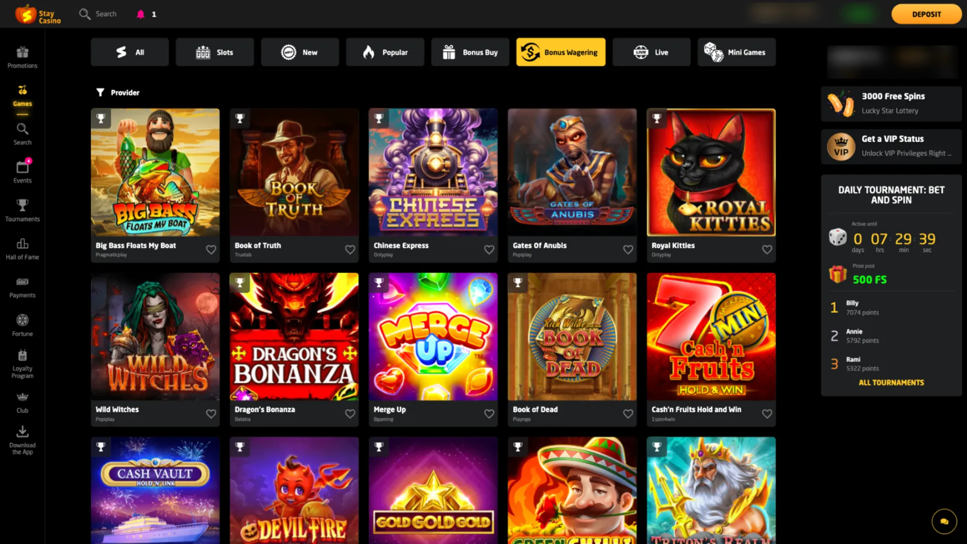 Game selection at StayCasino