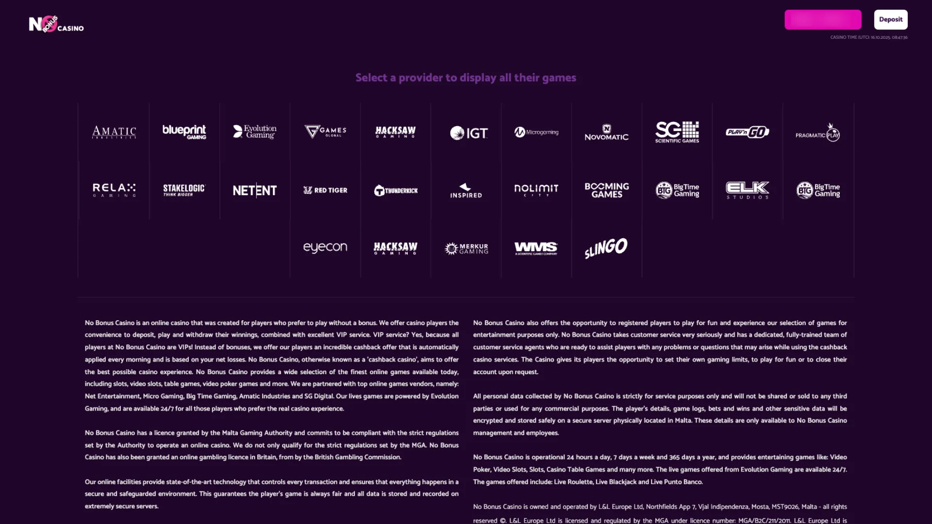 No Bonus Casino offers games