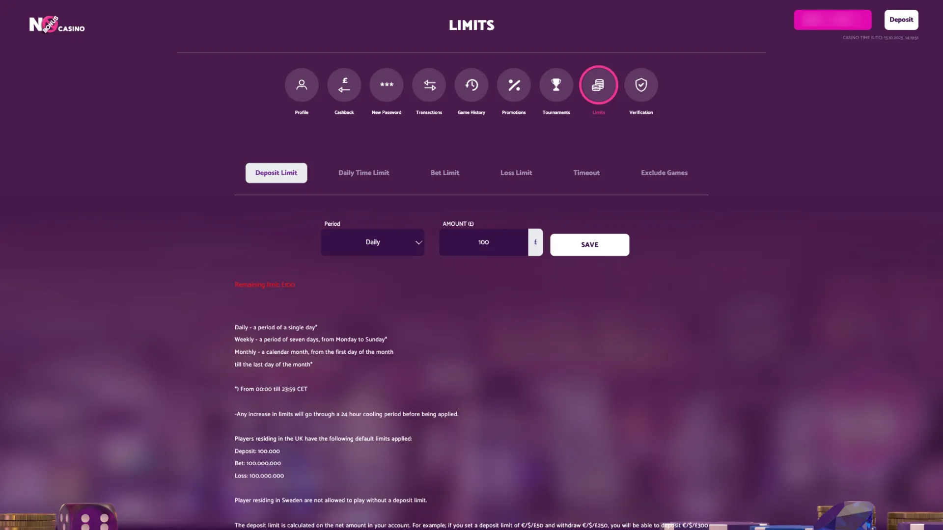 Responsible gambling tools at No Bonus Casino