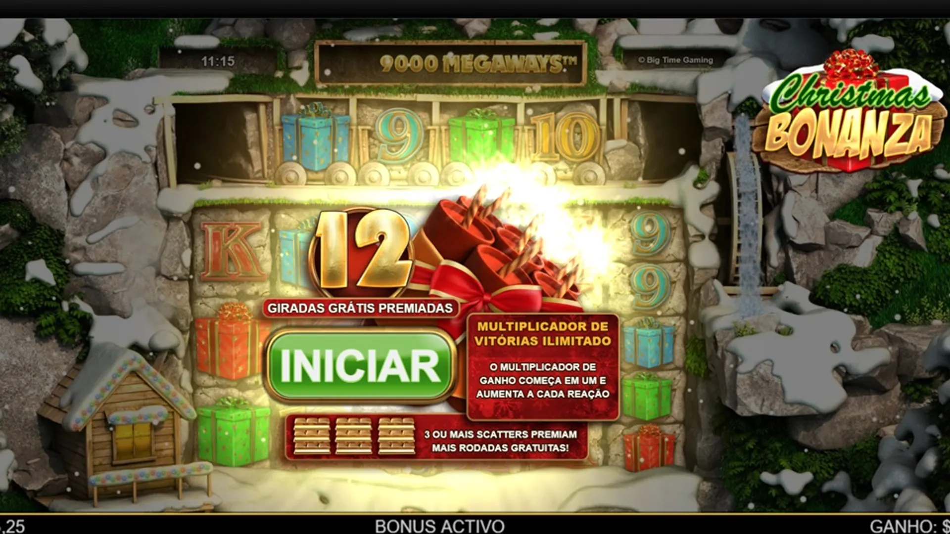 tela de rodadas grátis e bônus no Christmas Bonanza demo