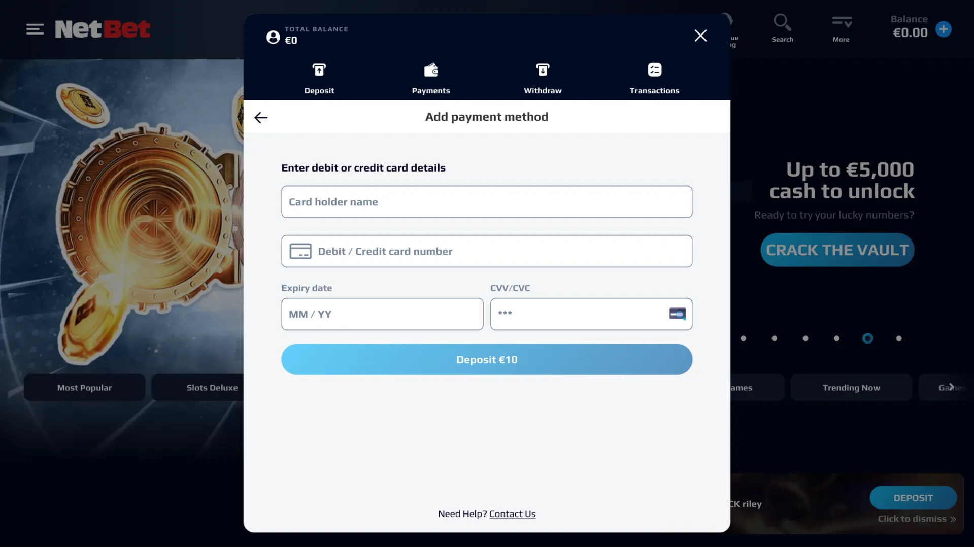 NetBet casino add card details when signing up