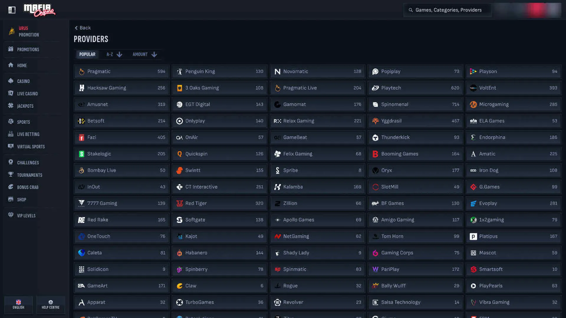 Providers at Mafia casino