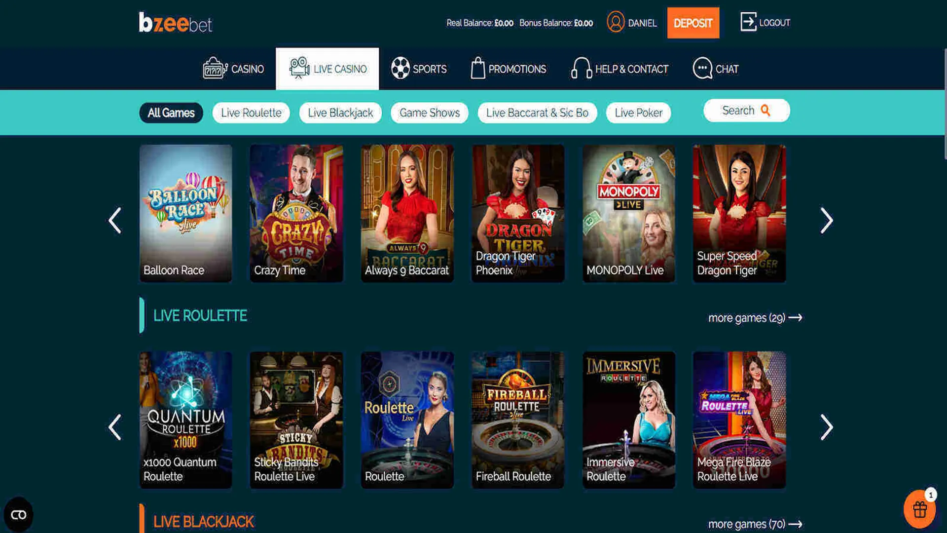 Live casino tables at Bzeebet casino