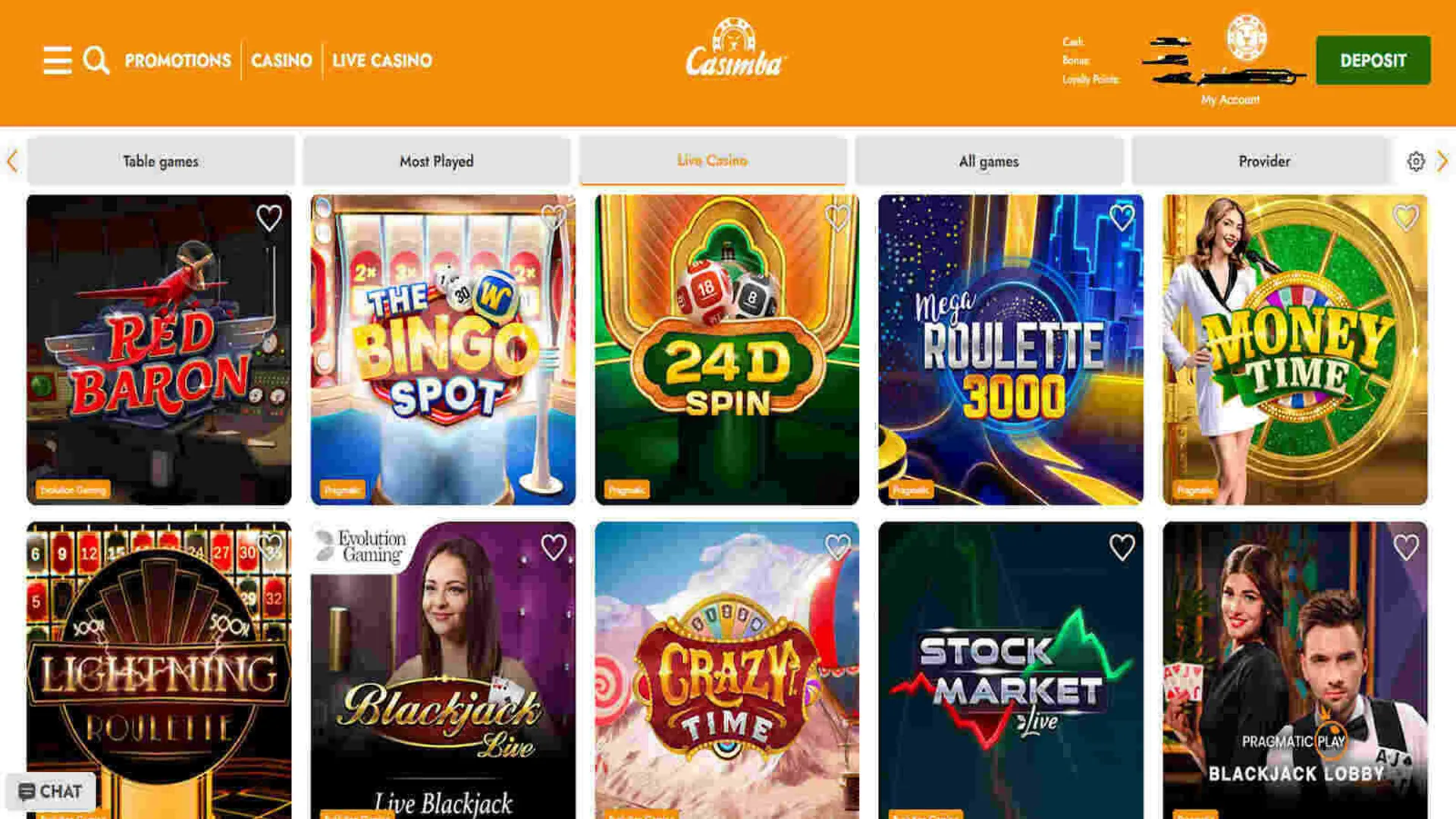 Live casino games at Casimba Casino
