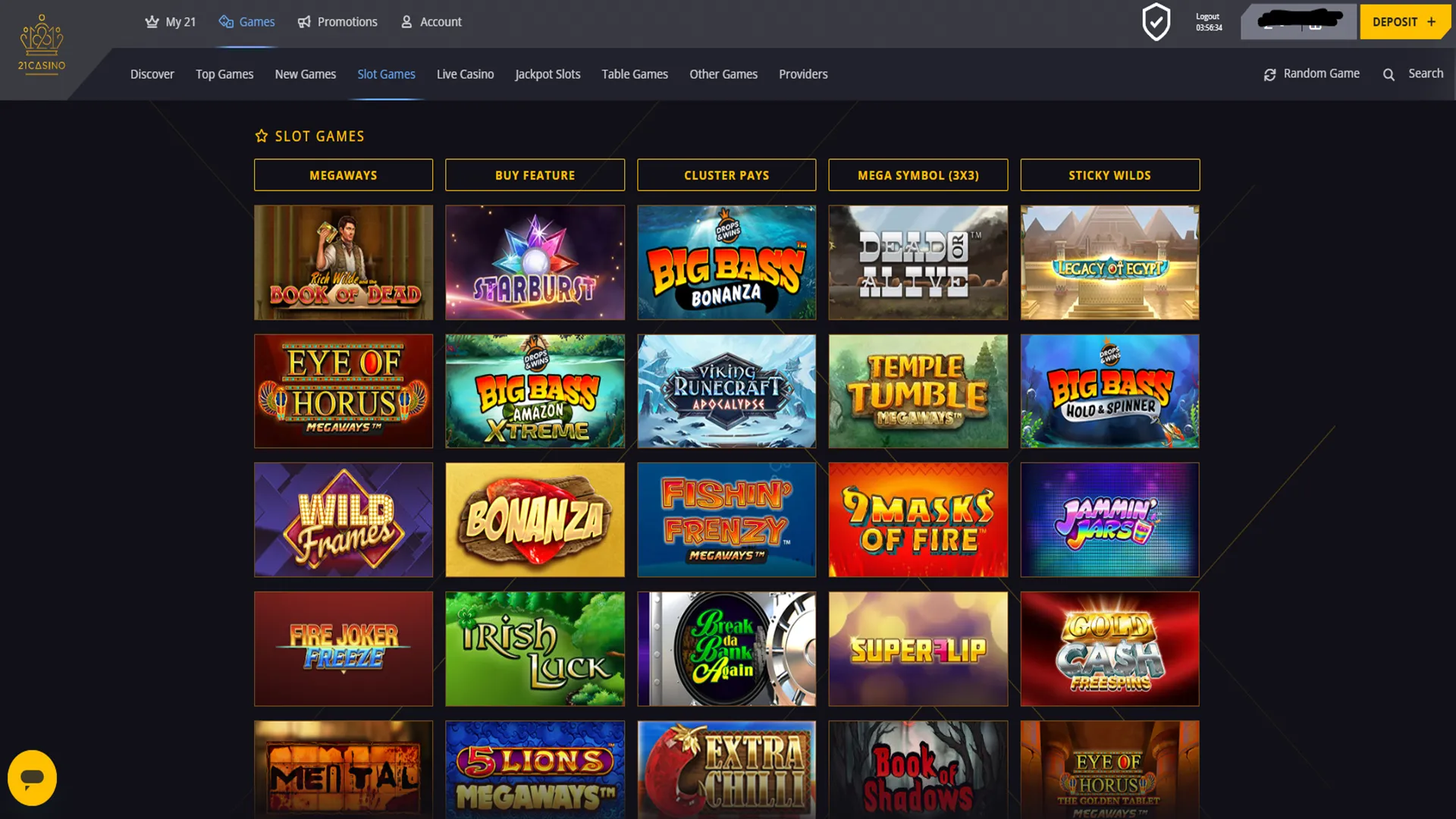 Slot lobby at 21 Casino