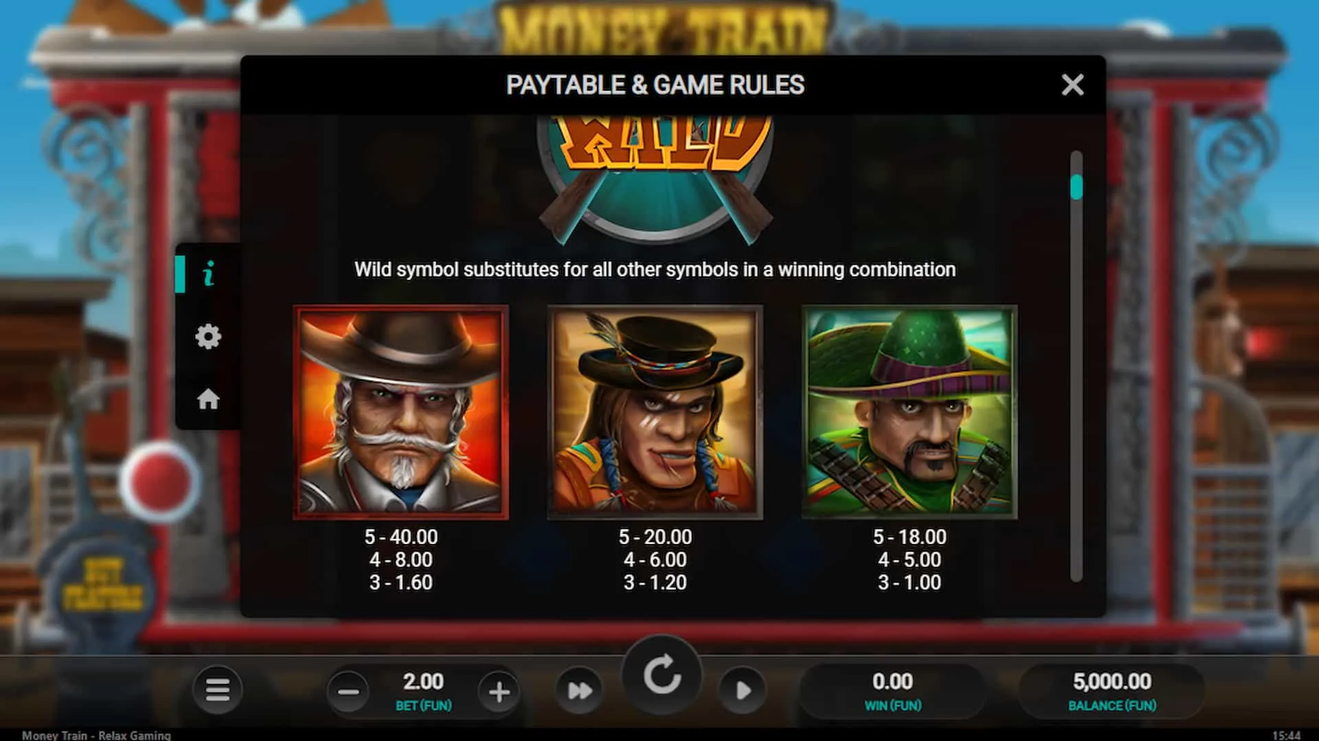 Paytable and game rules Money Train