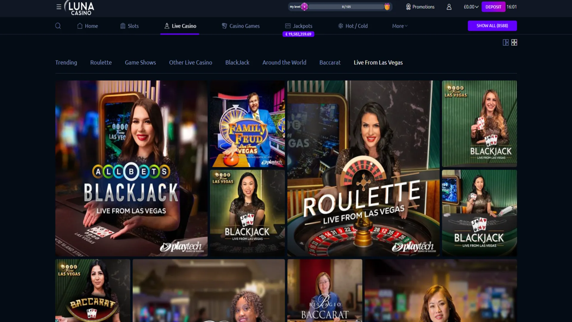 Live casino selection at Luna