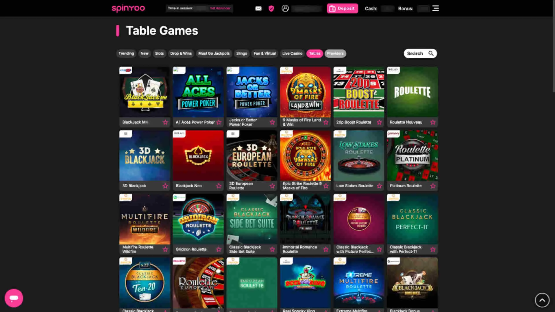 SpinYoo Casino table games