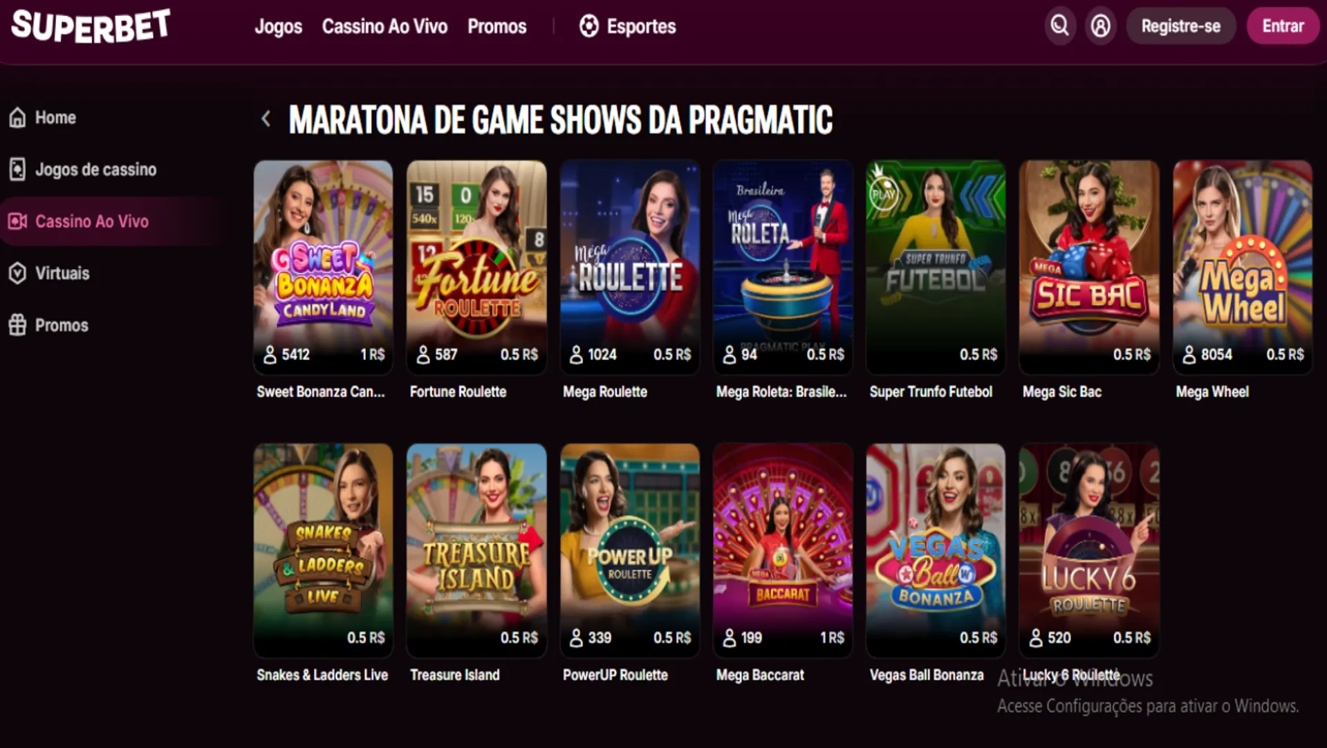 tela da superbet com game show