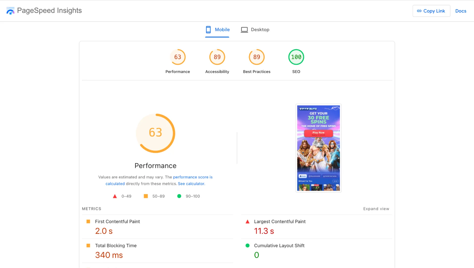 Fortune Coins Page speed